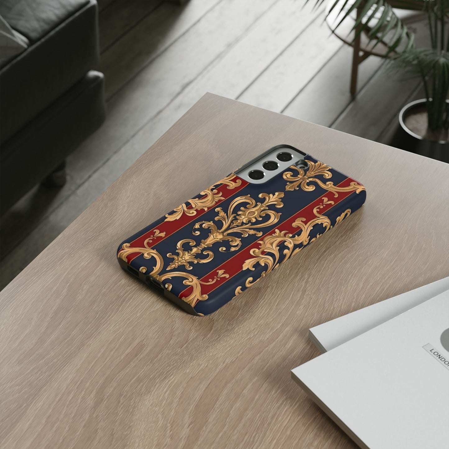 Elegant Floral Motif Phone Case - Tough Cases with Vintage Design - Midnight Blue & Dusk Red Striped Gold Damask