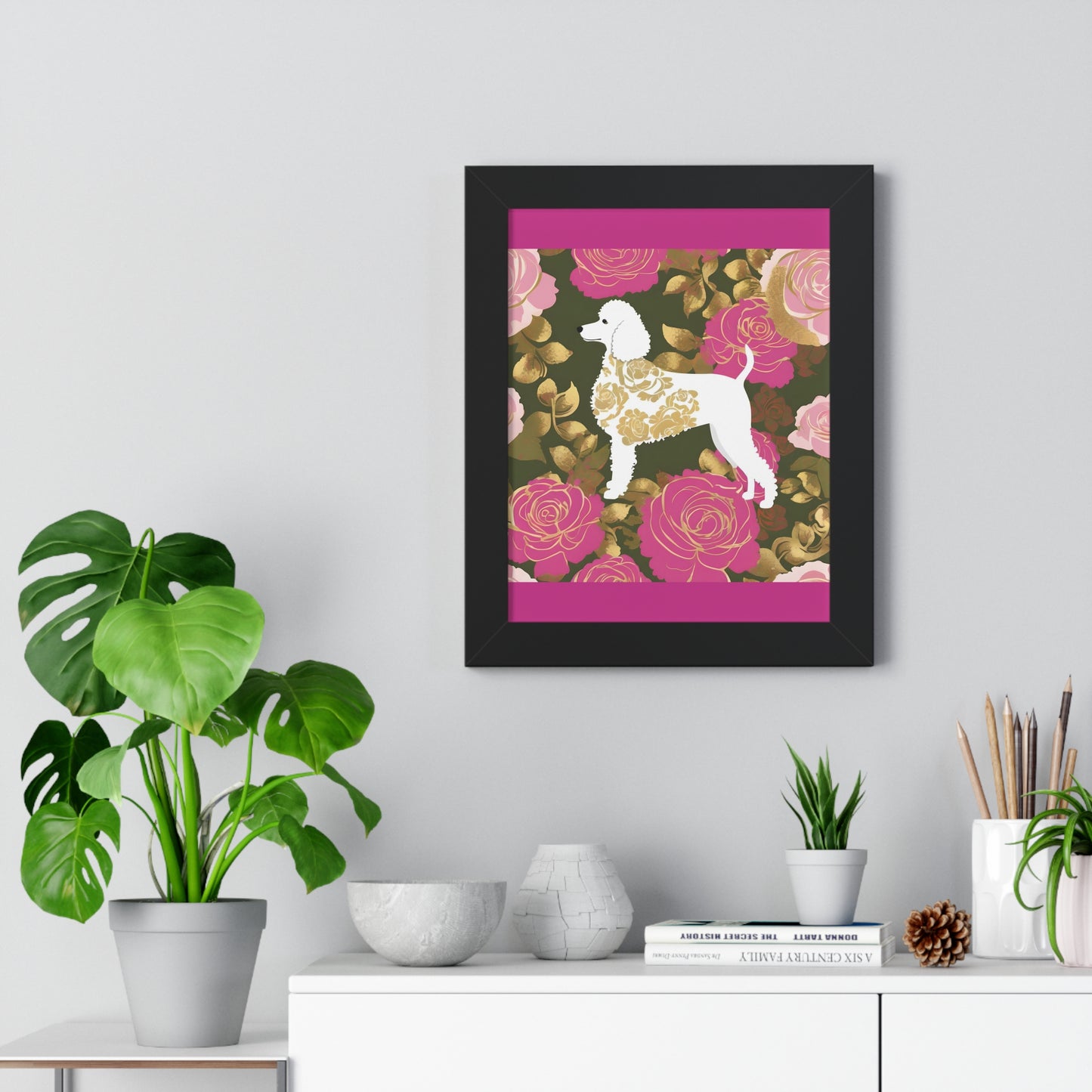 Vertical Poster - Stylish Framed - Art for Home Decor - Damask White Poodle & Pink Roses