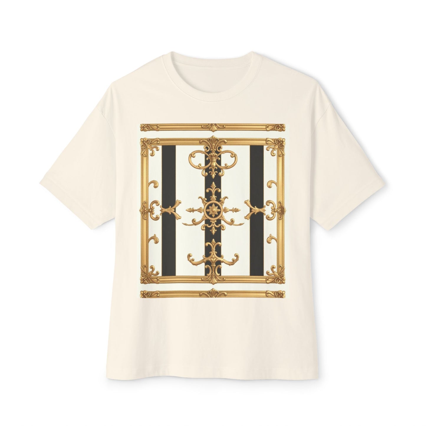Chic Oversized Boxy Tee with Elegant Gold Design, Fashion T-Shirt, Streetwear Top, Casual Wear - Black & White Striped Gold Baroque