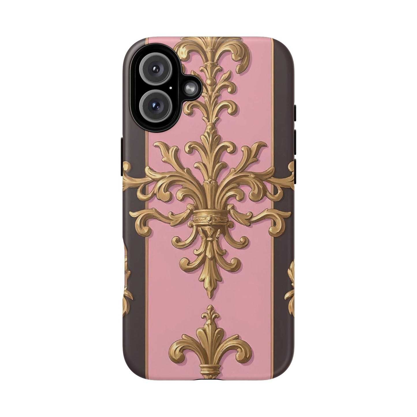 Elegant Floral Motif Phone Case - Tough Cases with Vintage Design - Pink & Brown Striped Gold Damask