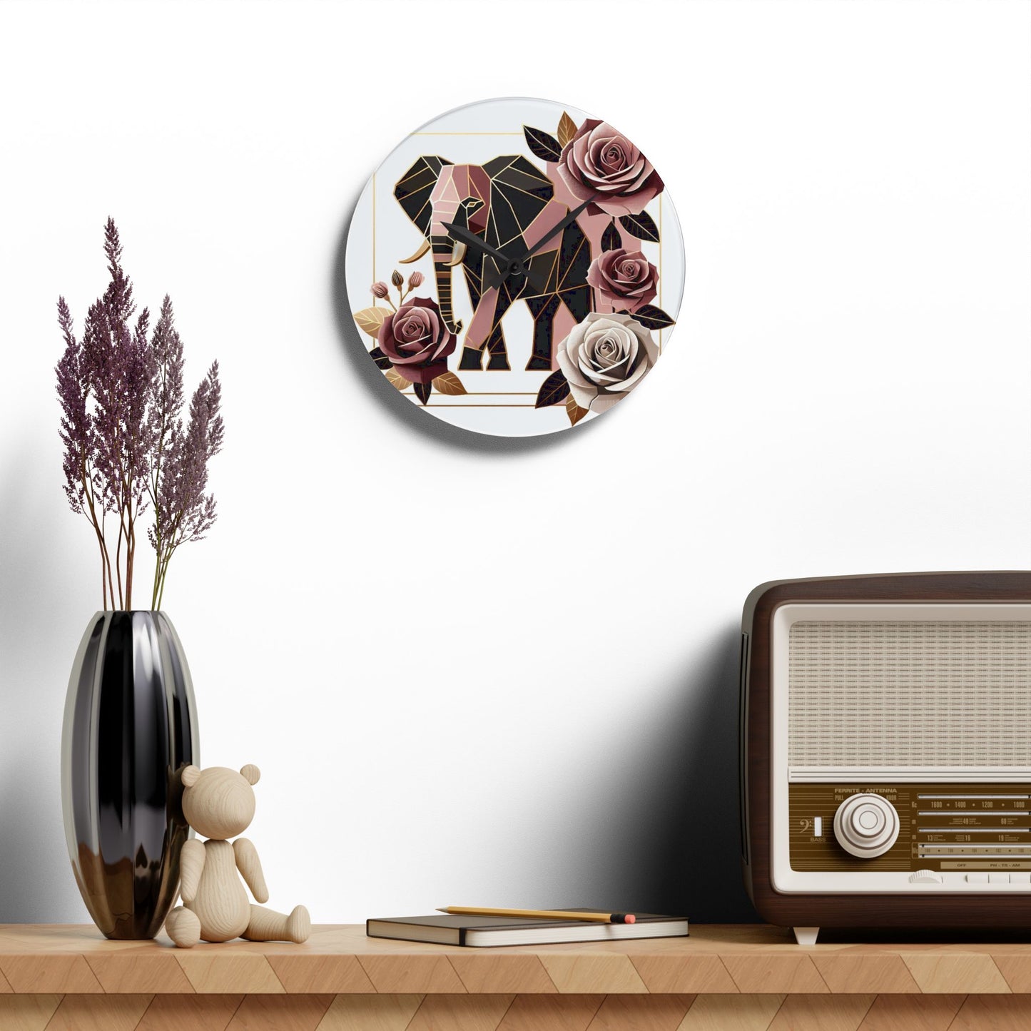 Bohemian Elephant-Inspired Acrylic Wall Clock with Floral Design - Brown & Mauve Elephant & Roses Design