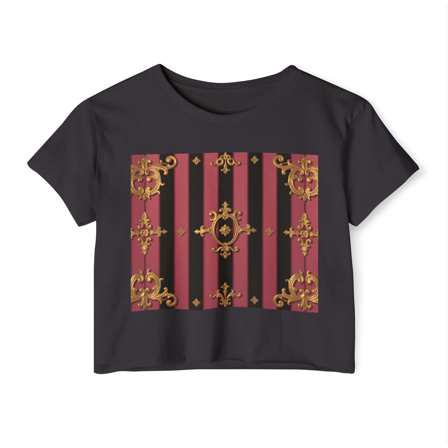 Festival Ready Black & Mauve Striped Gold Baroque Women's Crop Top | Elegant Chic, Summer Fashion, Music Festival Apparel