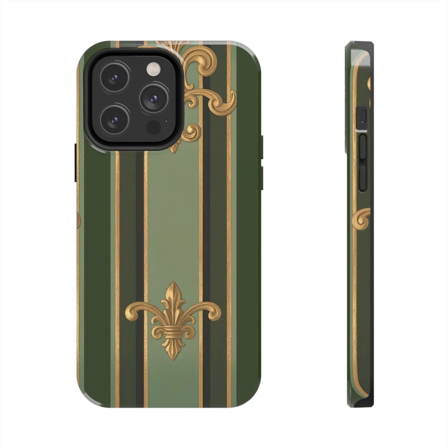 Elegant Tough Phone Cases - Baroque Design, Durable Cell Phone Covers, Unique Gifts for Her, Holiday Gifts - Green Striped Gold Baroque