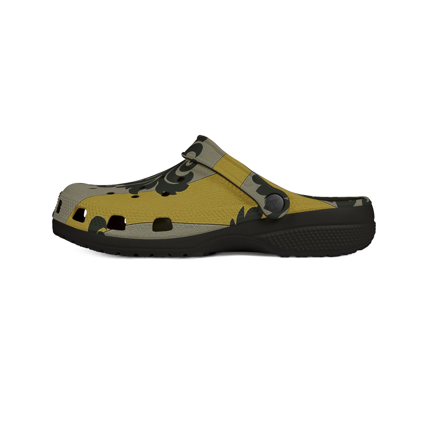 Chic EVA Foam Clogs in Vintage Baroque Design, Comfortable Garden Shoes, Lightweight Slip-On Footwear - Silver & Gold Striped Black Baroque