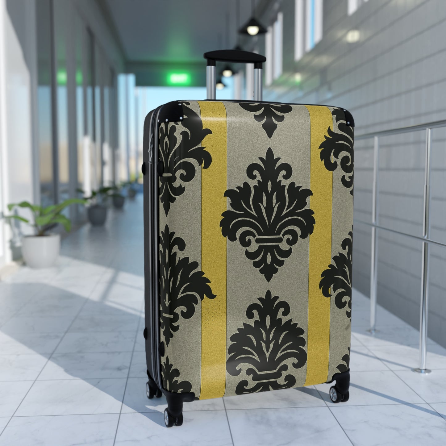 Chic Traveler Suitcase with Elegant Design for Stylish Adventures, Black Luggage, Travel Essential - Silver & Gold Striped Black Baroque