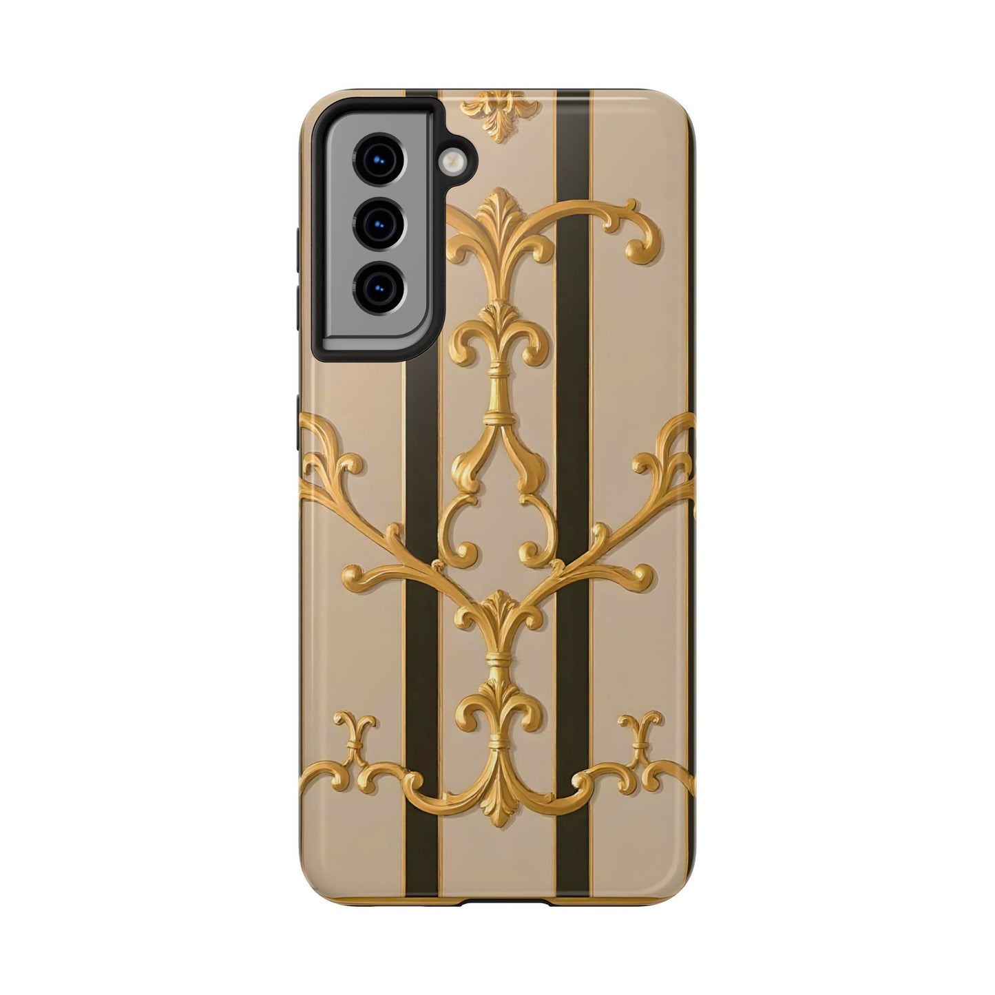 Elegant Vintage Tough Phone Case, Stylish Phone Cover, Boho Accessories, Perfect Gift for Her - Beige Striped Gold Rococo