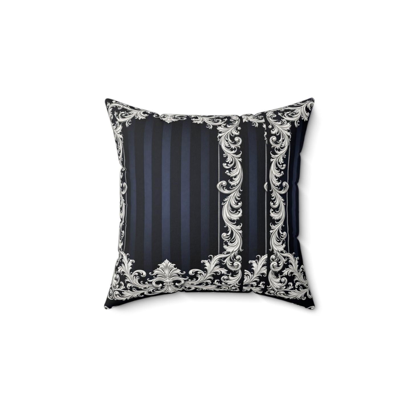 Navy Stripes & Baroque Suede Pillow — Decorative Square Throw Pillow with Ornate Silver Frame