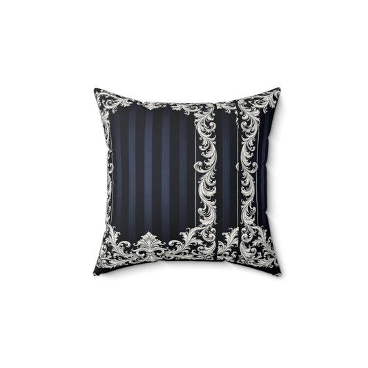 Navy Stripes & Baroque Suede Pillow — Decorative Square Throw Pillow with Ornate Silver Frame