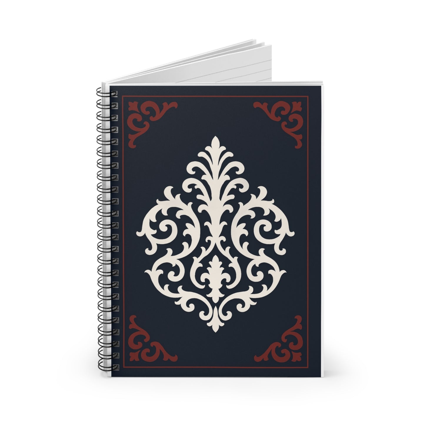 Dusk Blue-Maroon & White Baroque Spiral Notebook — Ruled Journal for Notes & Planning