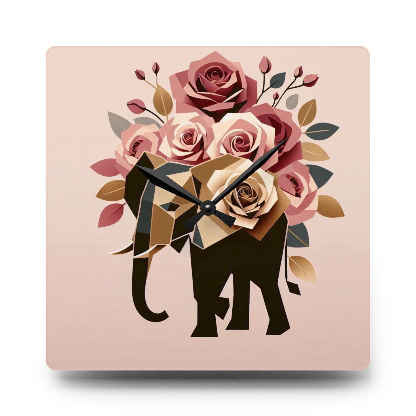 Bohemian Elephant-Inspired Acrylic Wall Clock with Floral Design -  Black & Gold Elephant & Roses Design