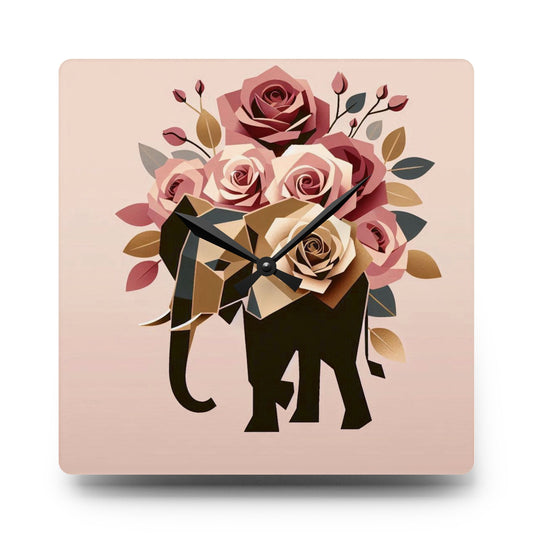 Bohemian Elephant-Inspired Acrylic Wall Clock with Floral Design -  Black & Gold Elephant & Roses Design