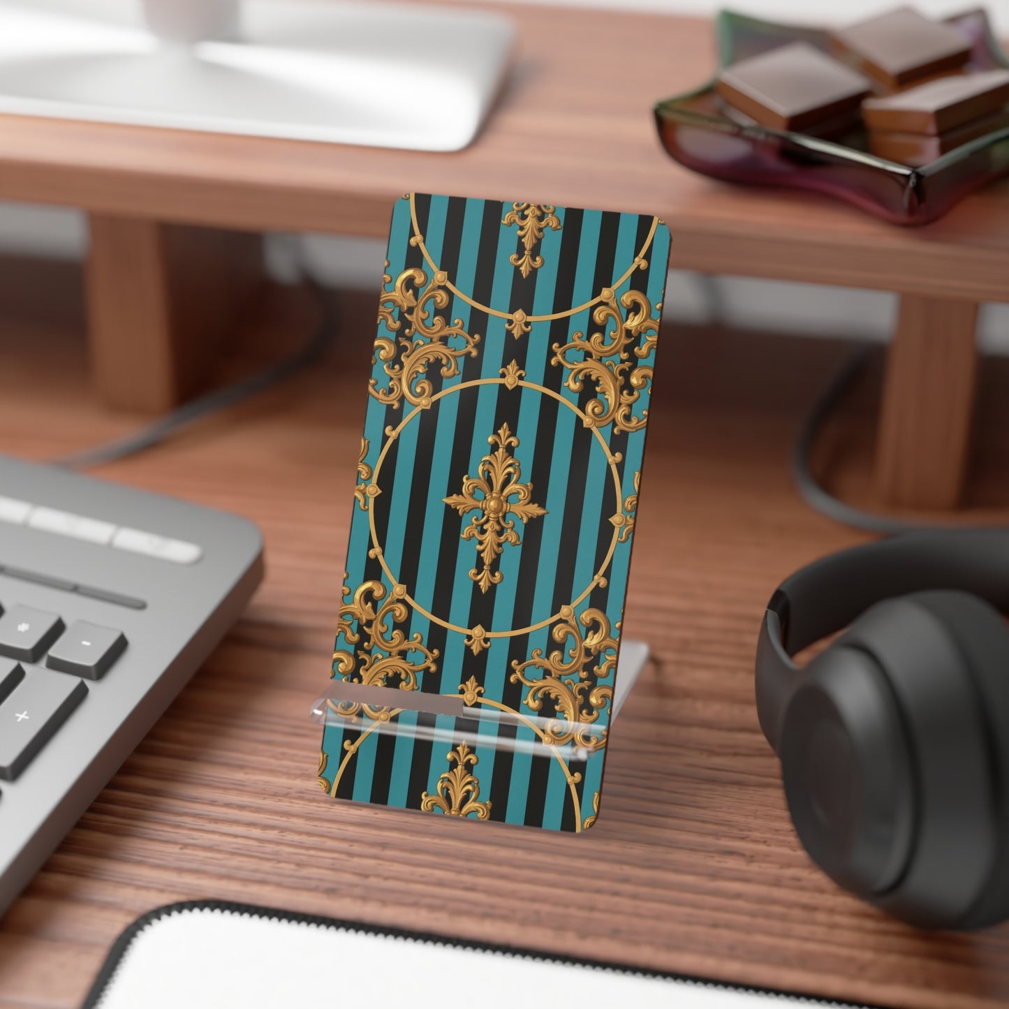 Elegant Turquoise & Black Striped Gold Baroque Decorative Mobile Display Stand, Smartphone Holder, Gift for Tech Lovers
