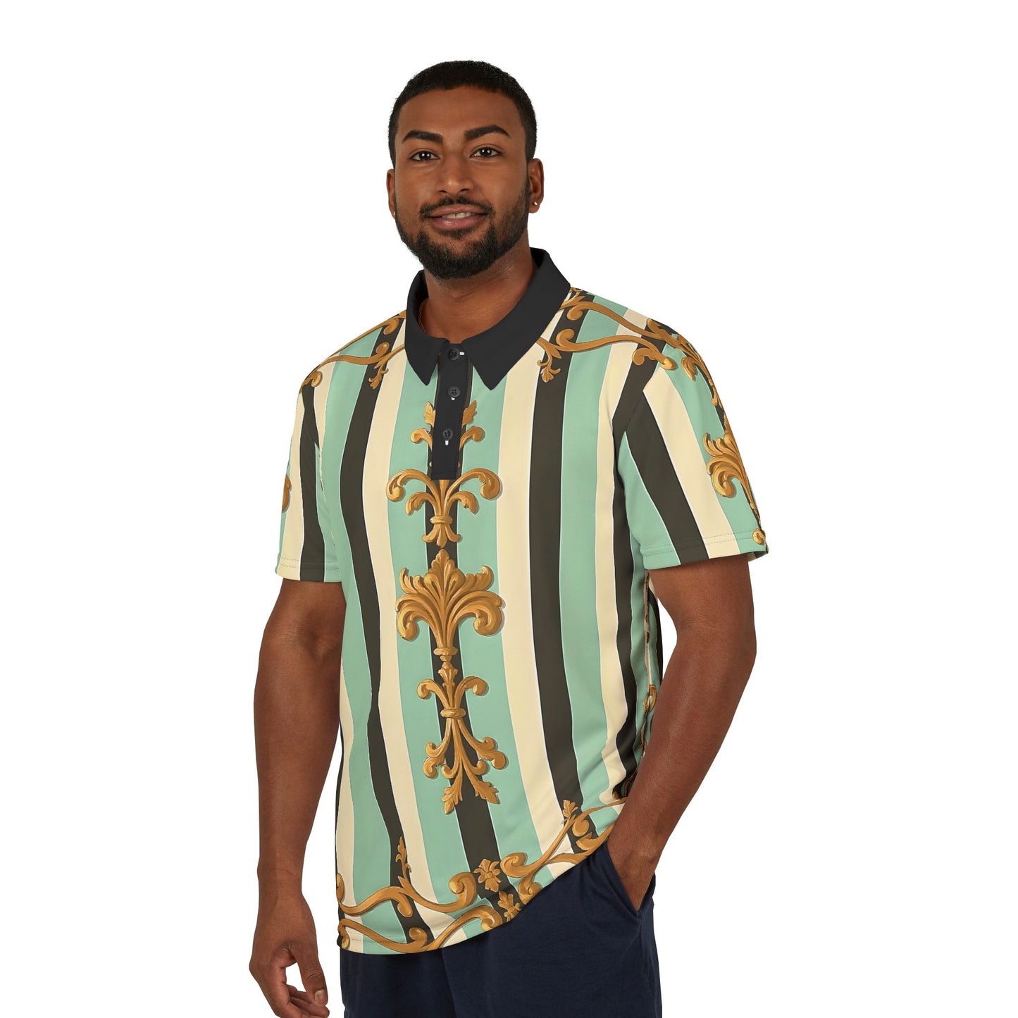 Stylish Unisex Polo Shirt with Vintage Stripe Design, Fashion Apparel, Casual Wear, Unique Gift for Him or Her - Black & Matte Mint Striped Rococo