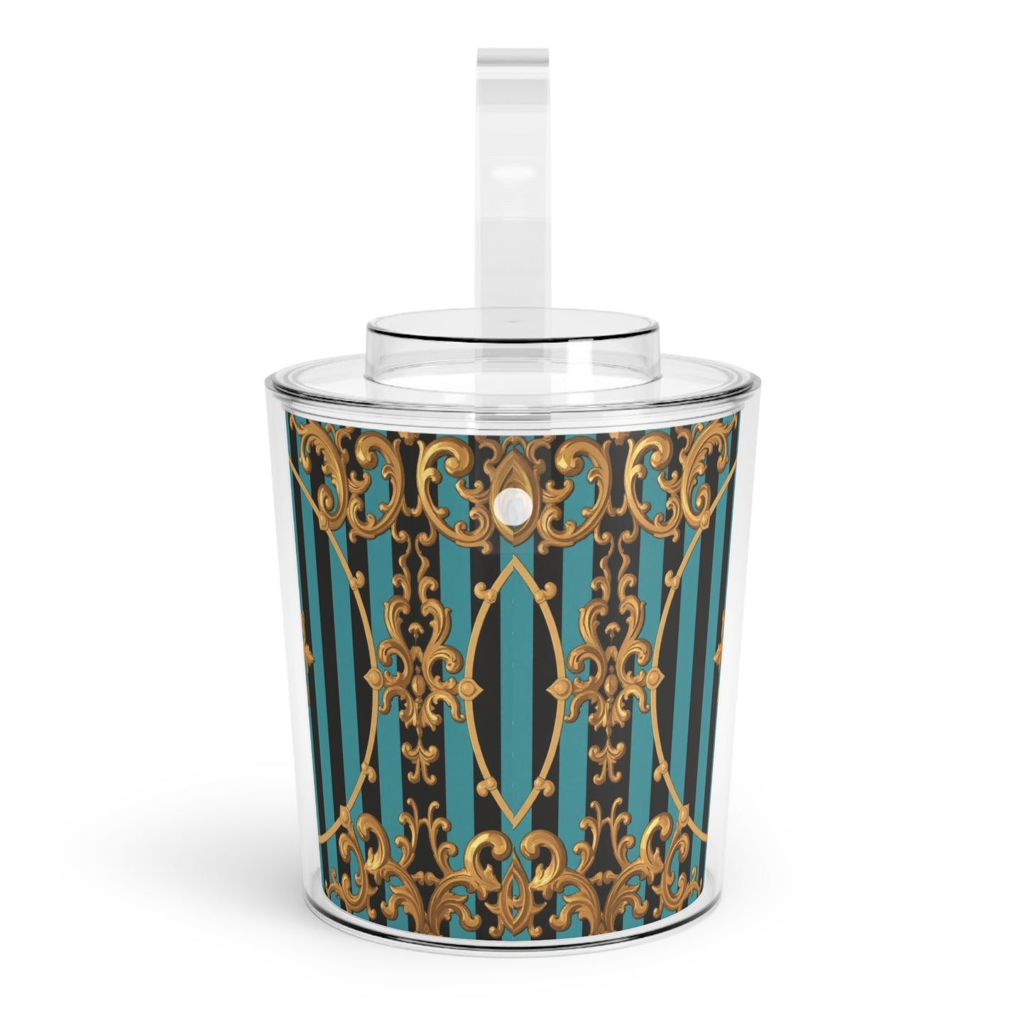 Elegant Turquoise & Black Striped Gold Baroque Ice Bucket with Tongs, Decorative Party Cooler, Barware Gift, Cocktail Accessory
