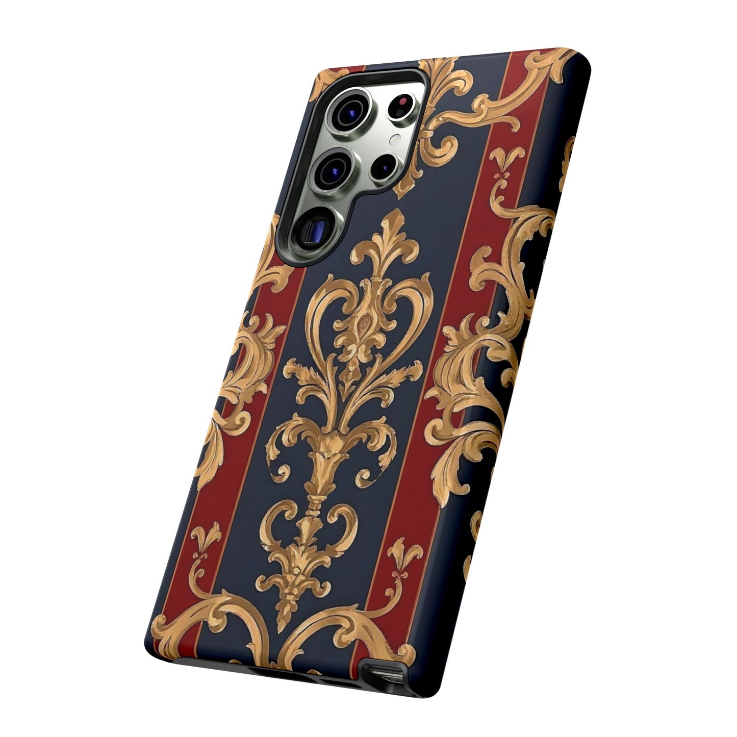 Elegant Floral Motif Phone Case - Tough Cases with Vintage Design - Midnight Blue & Dusk Red Striped Gold Damask