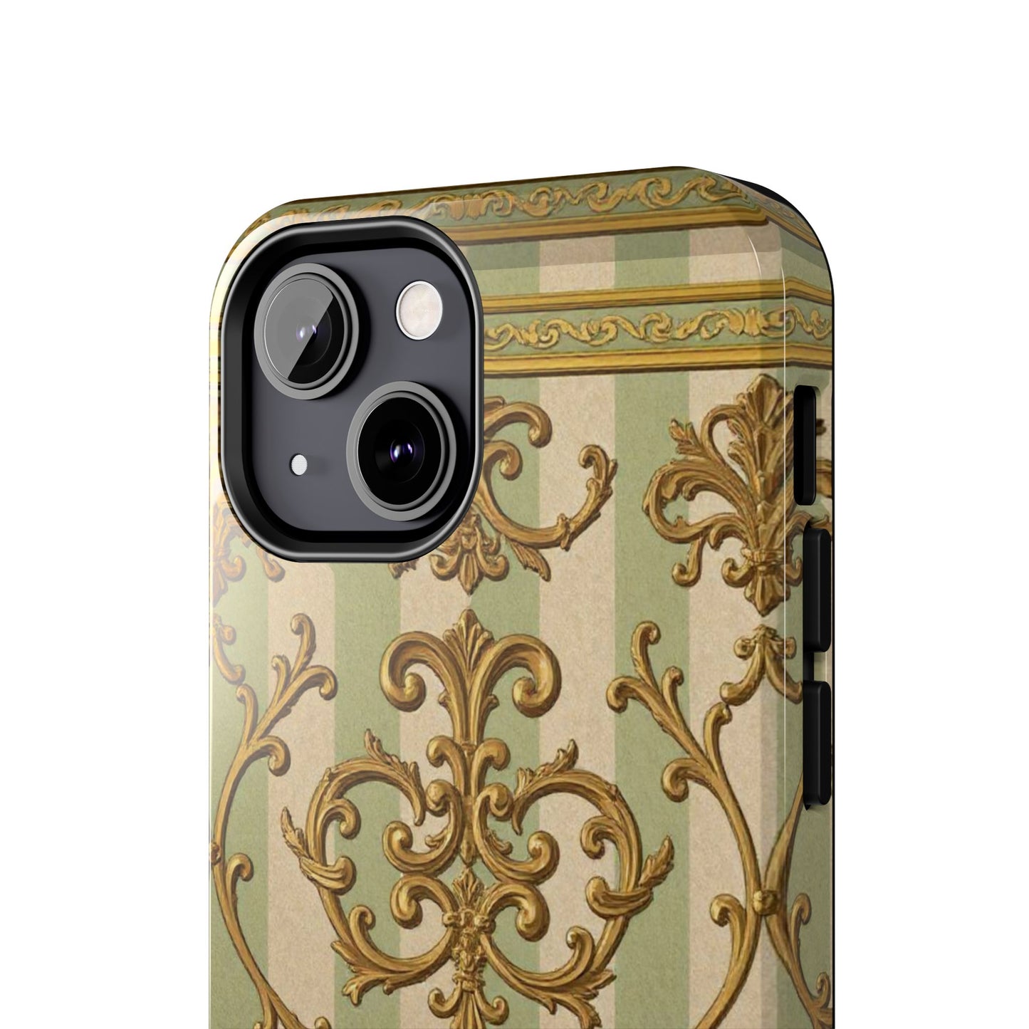 Vintage Elegance Phone Case, Tough Phone Cases for Style, Gift for Birthdays, Stylish Protection - Mint Green & Beige Striped Gold Baroque