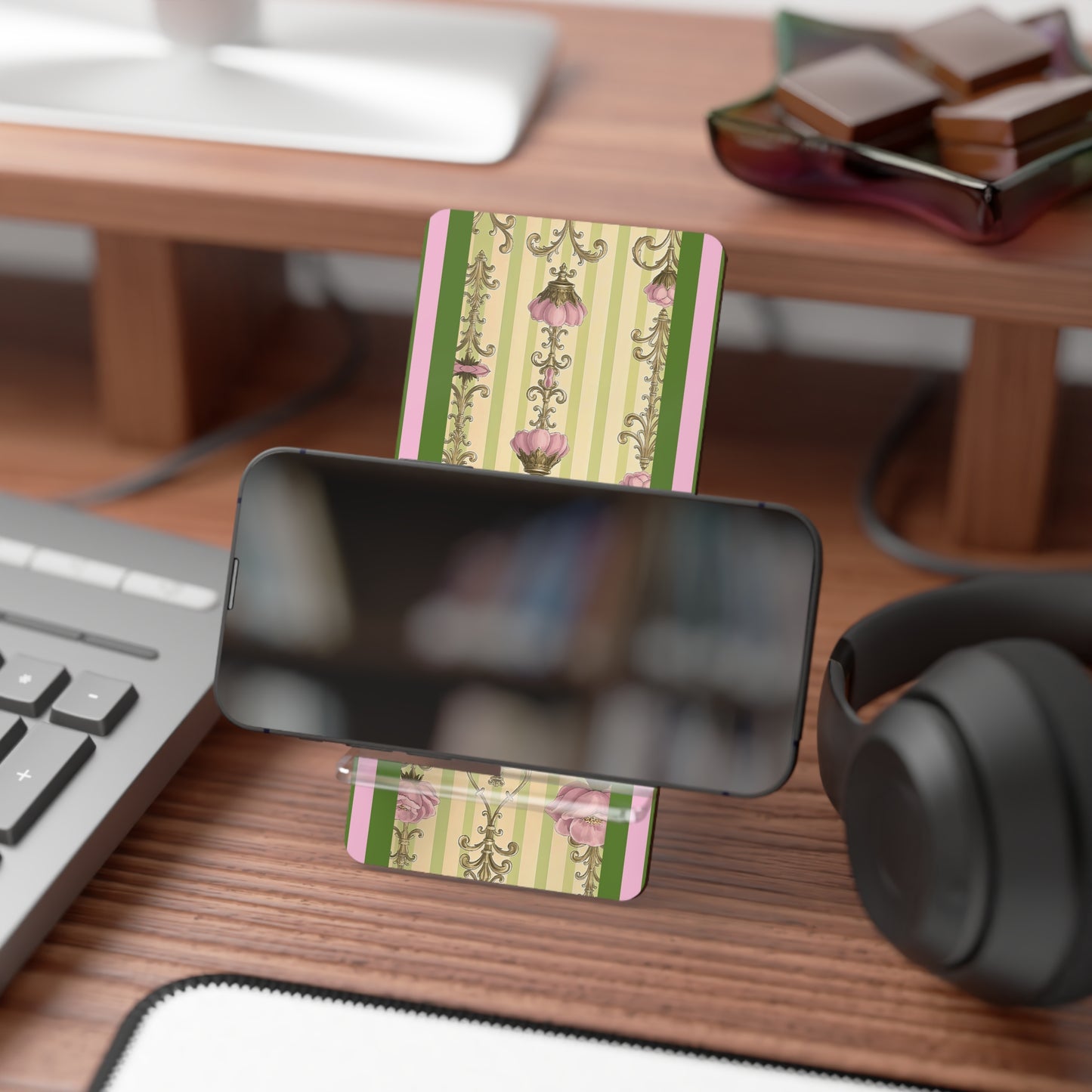 Elegant Floral Motif Smartphone Display Stand - Lime Green & Pink Striped Damask - Decorative Mobile Holder