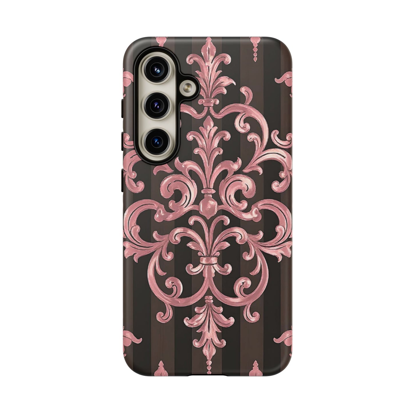 Elegant Floral Motif Phone Case - Tough Cases with Vintage Design - Brown Striped Mauve Damask