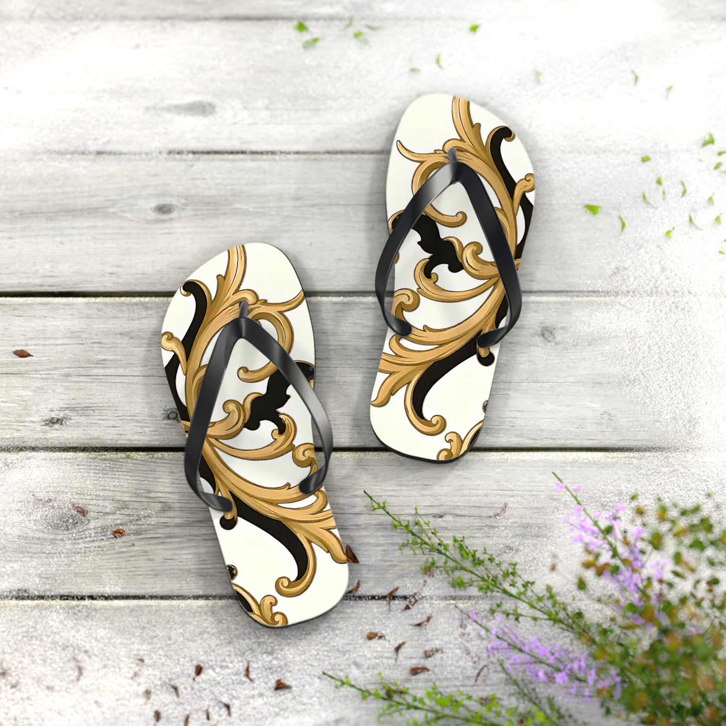 Elegant Floral Flip Flops, Beach Sandals, Summer Casual Footwear, Vacation Essentials, Poolside Accessories, Gift for Her - Black & Gold Rococo