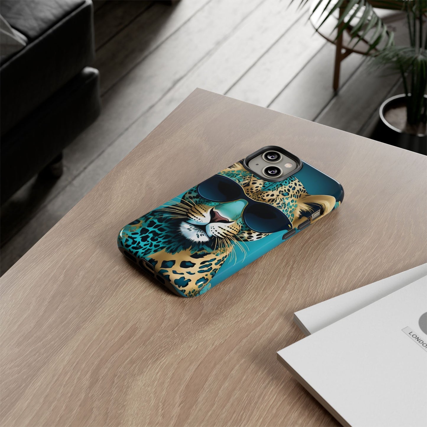 Phone Case - Aqua & Gold Leopard In Sunglasses Design