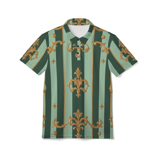 Elegant Patterned Unisex Polo Shirt, Stylish Polo, Casual Shirt, Summer Essential, Gift for Him/Her - Mint Green & Teal Striped Gold Baroque