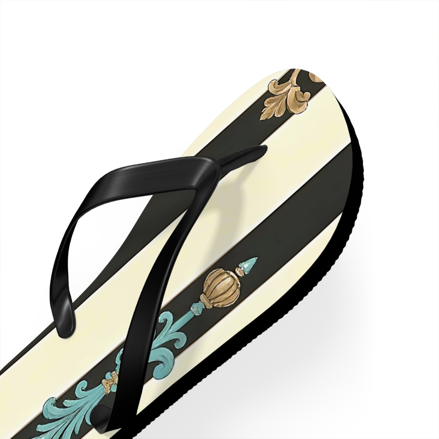 Stylish Flip Flops | Beach Sandals, Summer Footwear, Vacation Getaway, Casual Summer Style - Black Striped Turquoise & Black Rococo