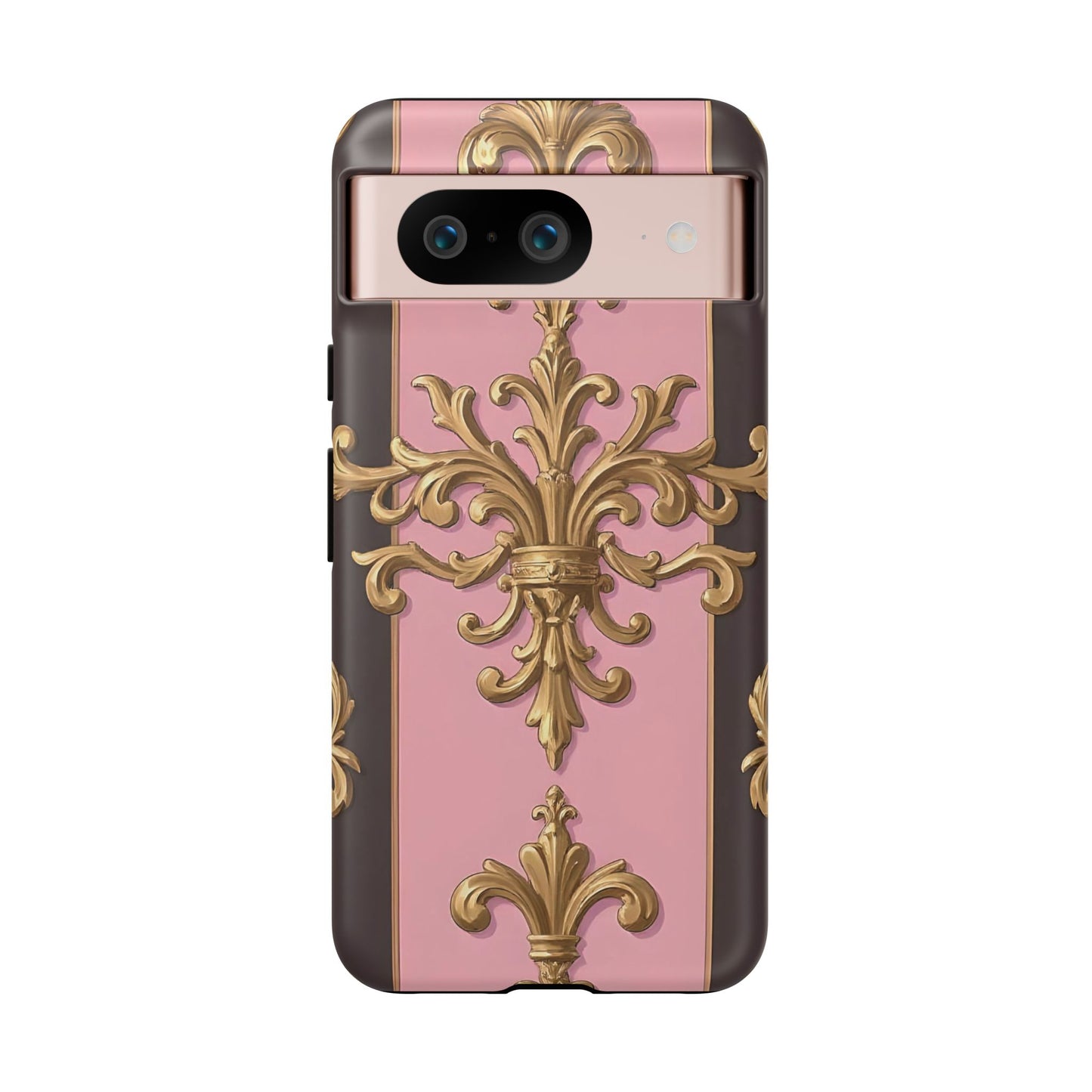 Elegant Floral Motif Phone Case - Tough Cases with Vintage Design - Pink & Brown Striped Gold Damask