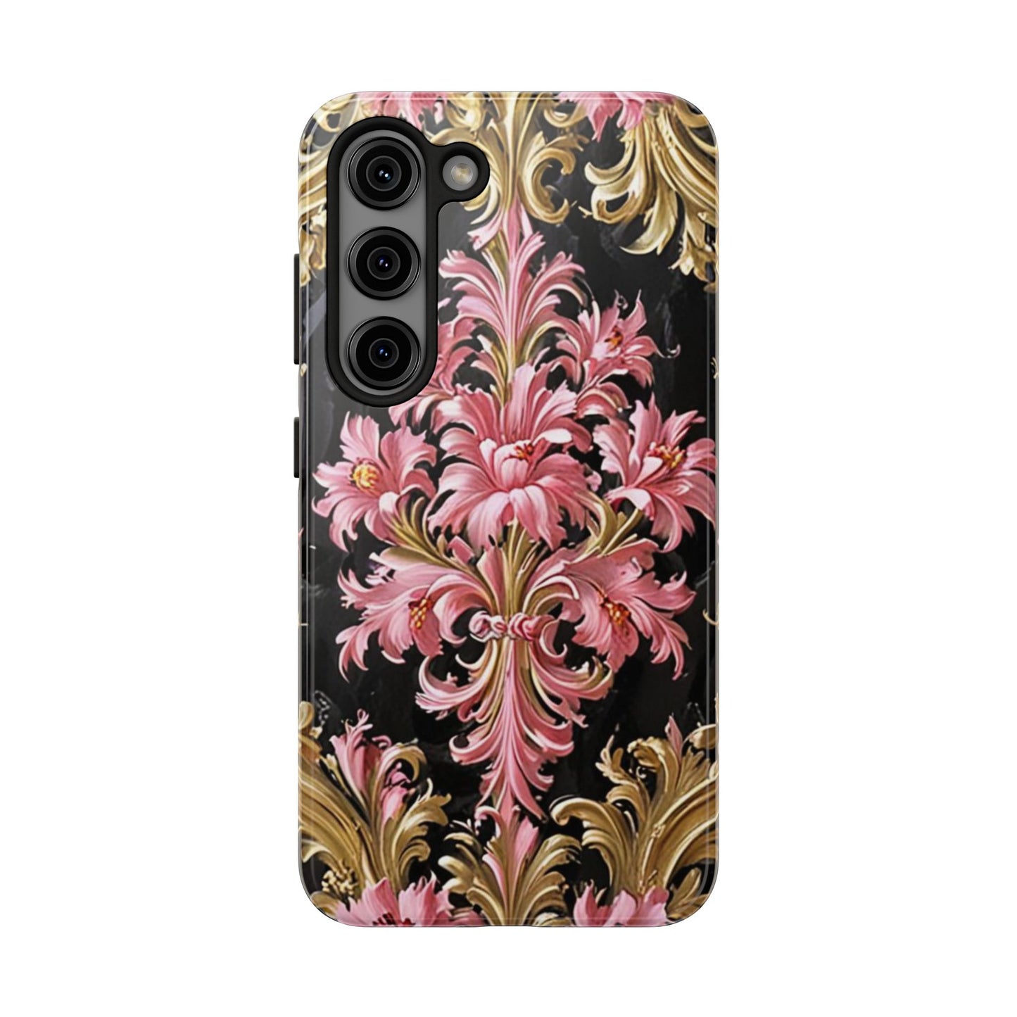 Elegant Floral Tough Phone Cases | Stylish Protection for Her | Gift for Birthdays - Black & Pink Oil Painting Style Rococo