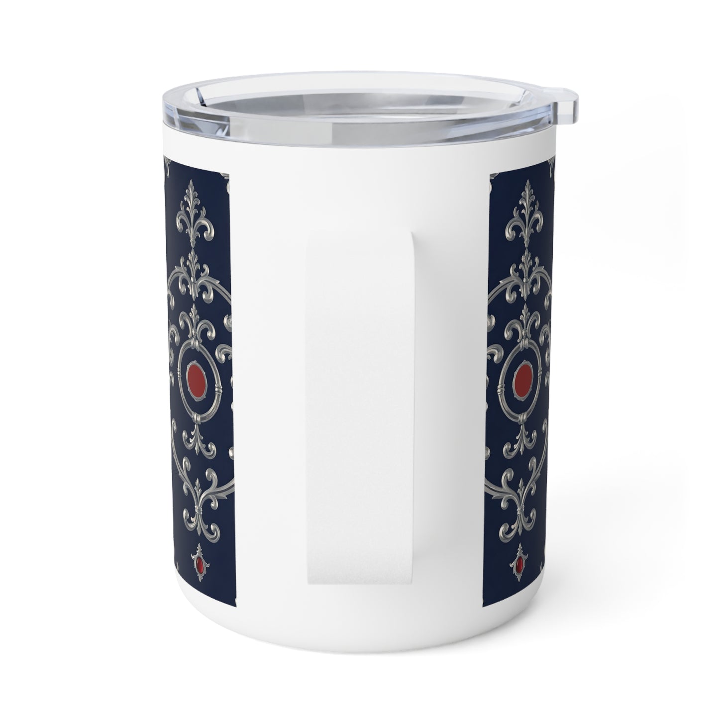 Elegant Insulated Coffee Mug - 10oz, Decorative Travel Tumbler, Stylish Drinkware, Gift for Coffee Lovers - Blue & Red Striped Silver Baroque