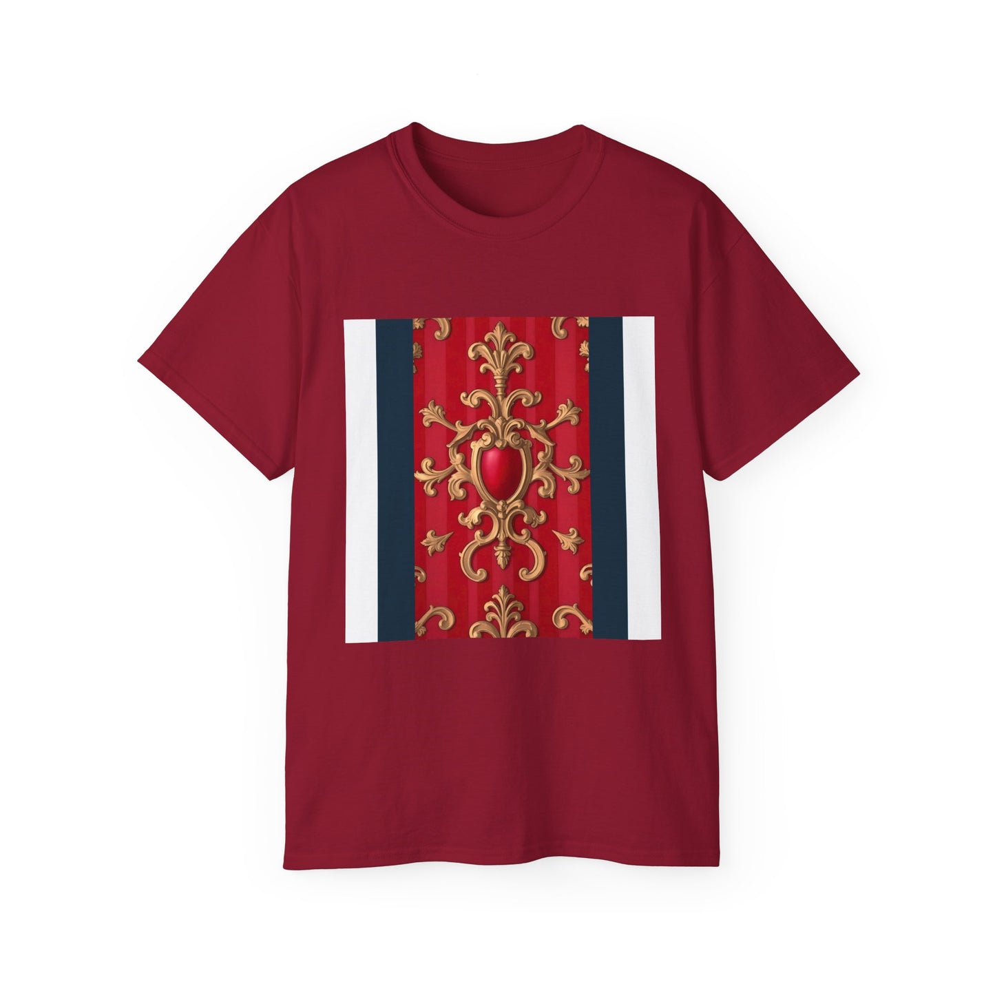Regal Red Baroque T-Shirt, Artistic Tee, Gift for Art Lovers, Fashionable Statement Shirt, Unique Graphic Top - Blue, Red & White Striped Baroque