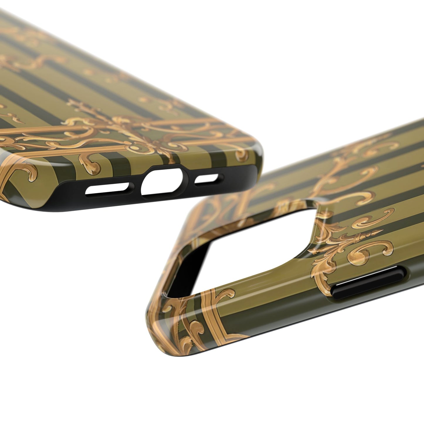 Elegant Vintage Phone Case - Tough Protection with Classy Design, Stylish Phone Cover for Fashion Lovers - Olive Green Striped Rococo
