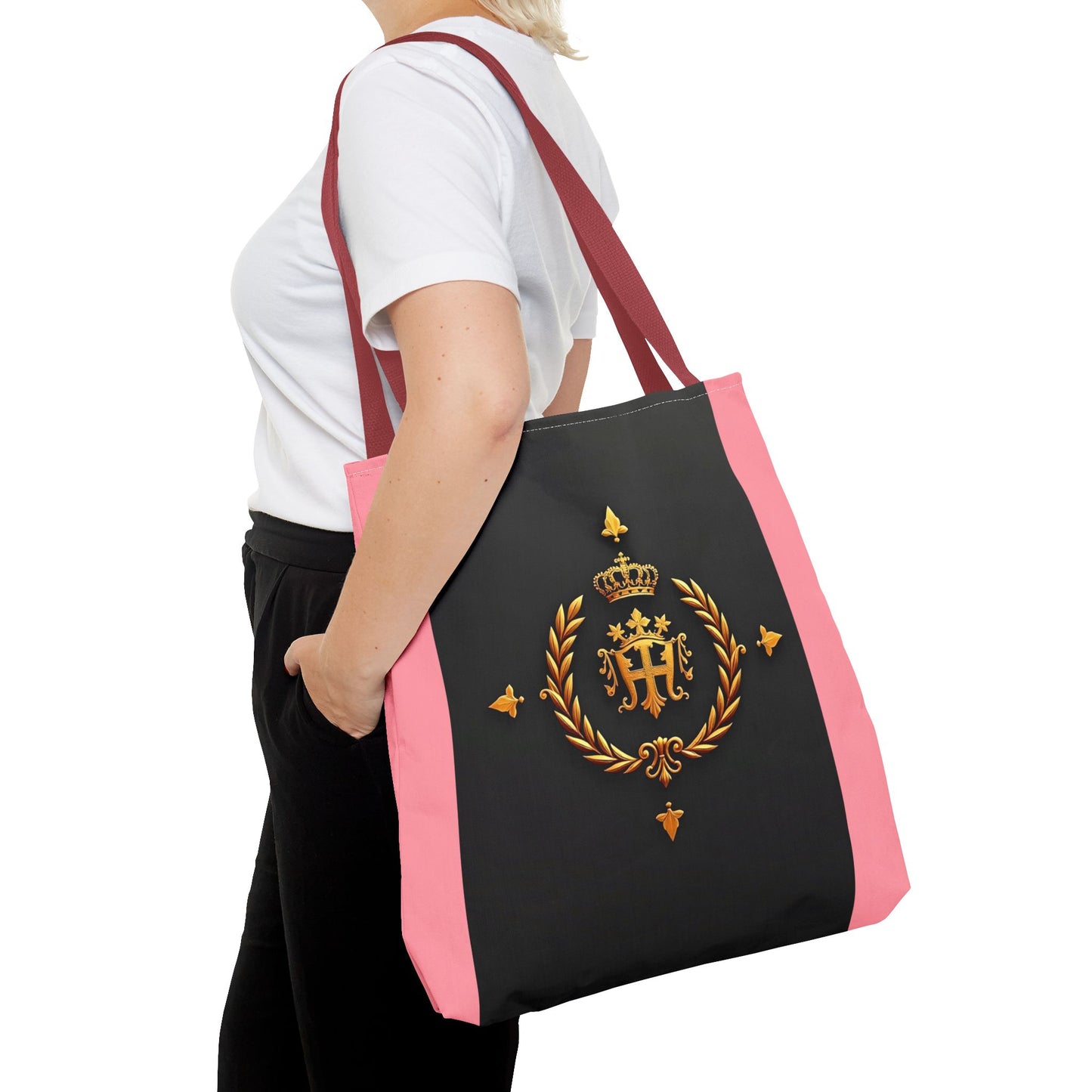 Elegant Monogrammed Tote Bag - Chic Shopper, Eco-Friendly Carryall, Personalized Gift, Stylish Accessory - Pink Striped Gold Crest