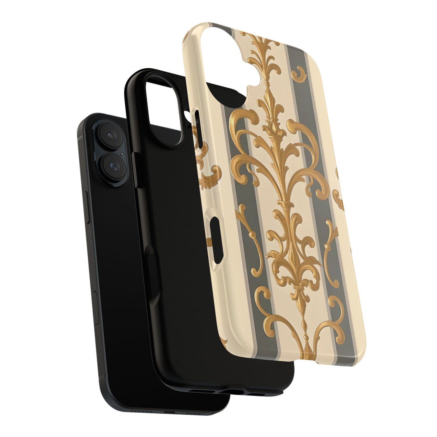 Elegant Floral Motif Phone Case - Tough Cases with Vintage Design - Dusk Olive Striped Gold Damask