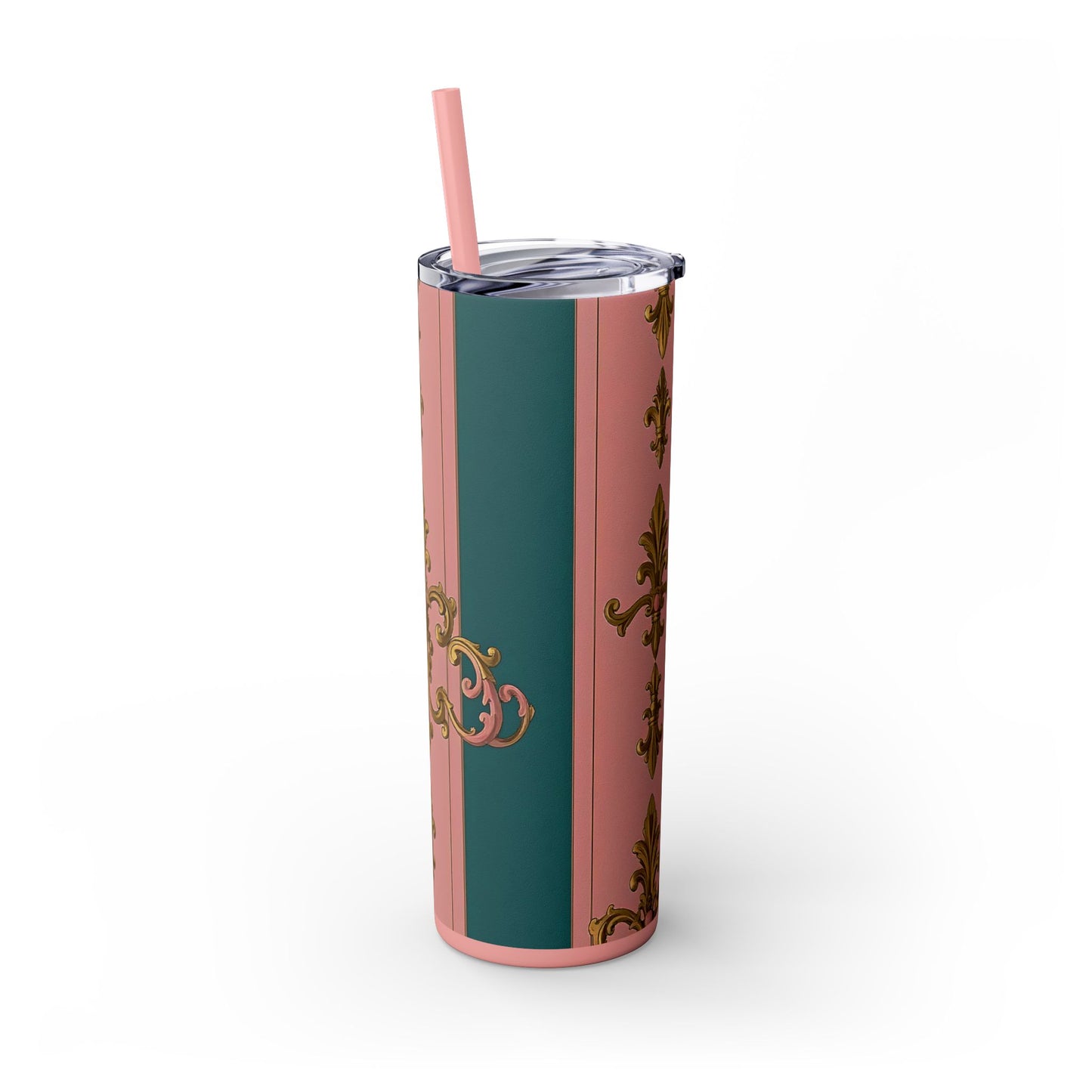 Elegant Pink and Green Skinny Tumbler with Straw, 20oz - Ideal for Gifts, Travel, Home, Events - Pink & Teal Striped Gold Baroque