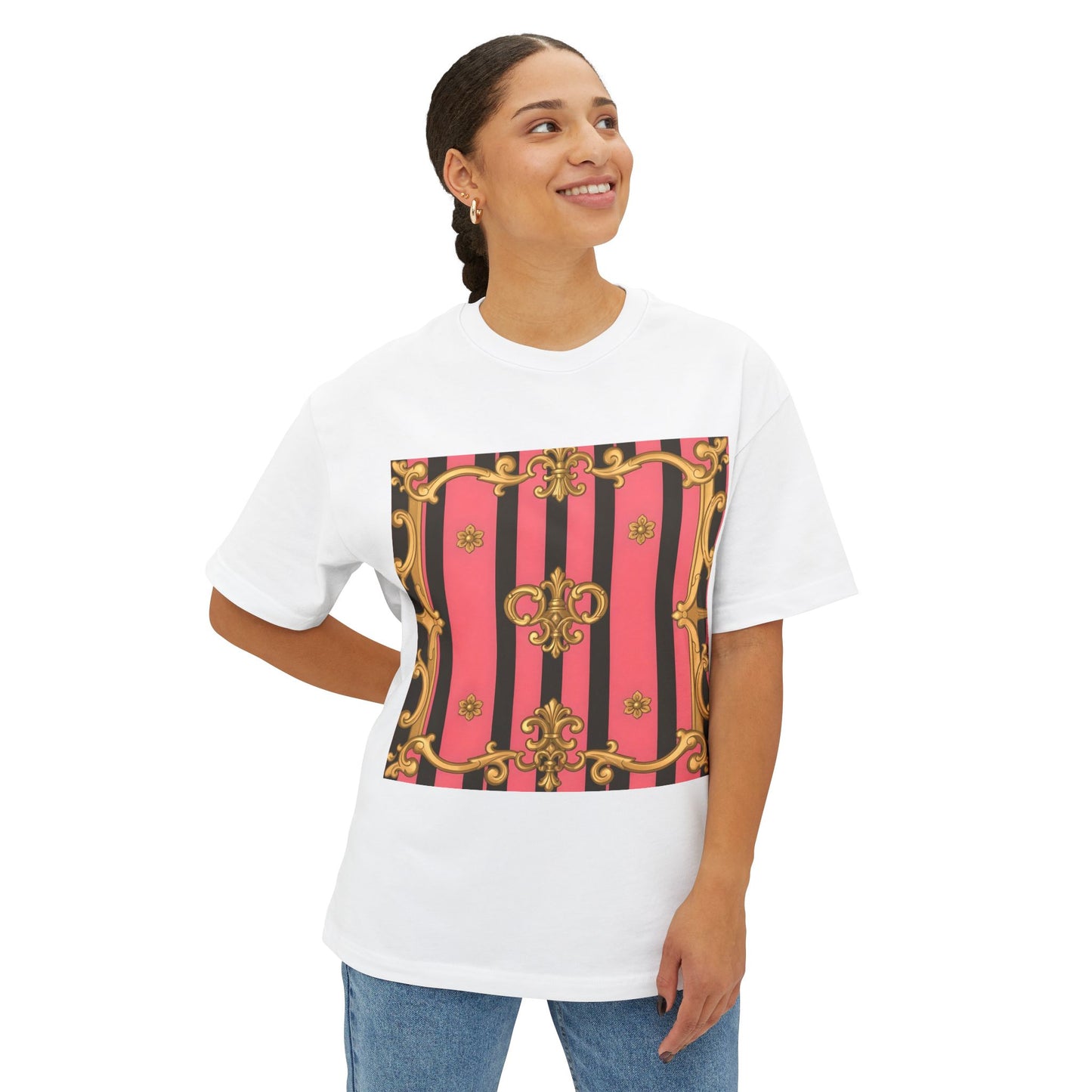Chic Vintage-Inspired Oversized Tee, Stylish Graphic T-Shirt, Baroque Tee, Casual Summer Shirt - Pink & Black Striped Gold Baroque