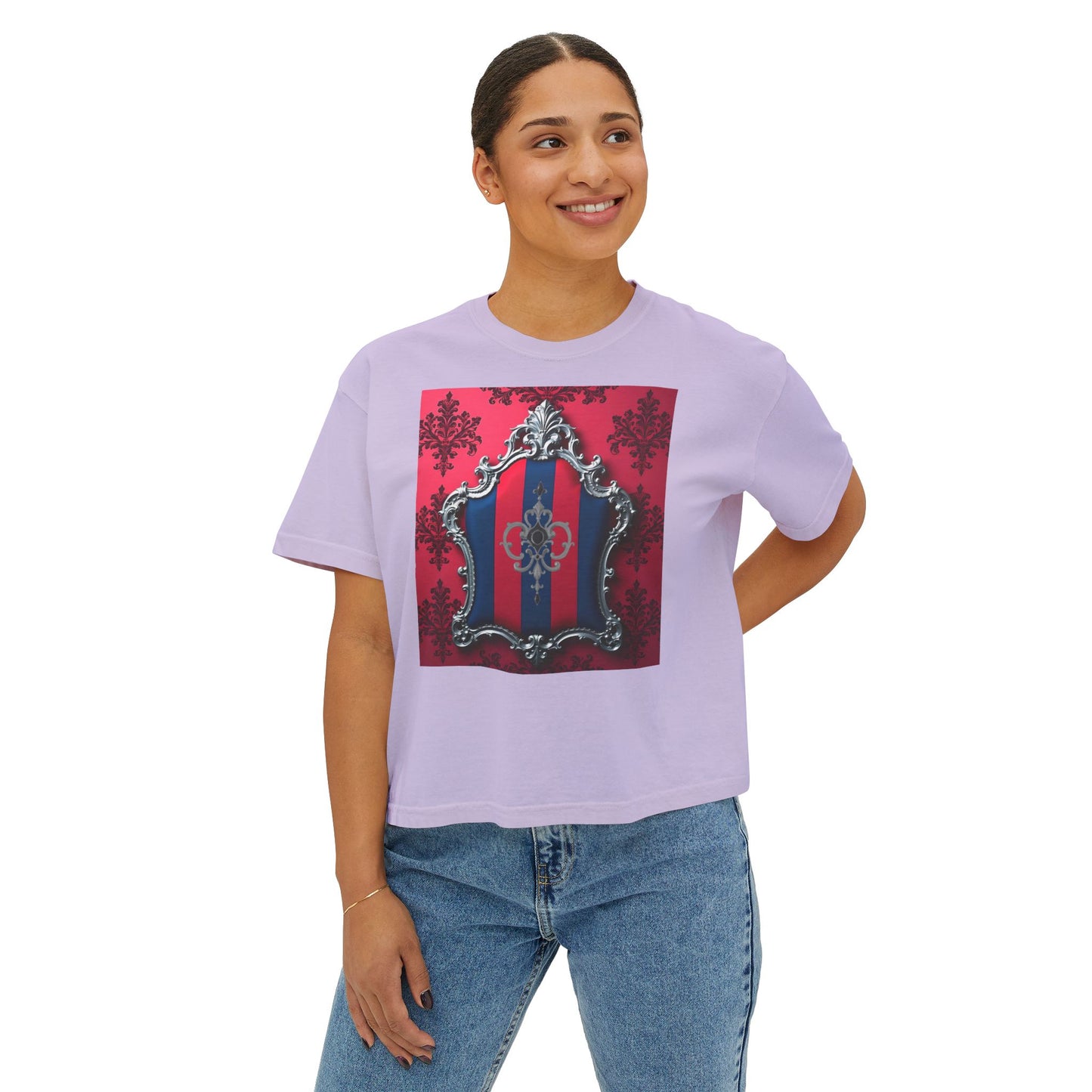 Vintage-Inspired Women's Boxy Tee, Retro Graphic Top, Casual Summer Shirt, Trendy Fashion Tee, Gift for Her - Blue & Red Striped Silver Crest