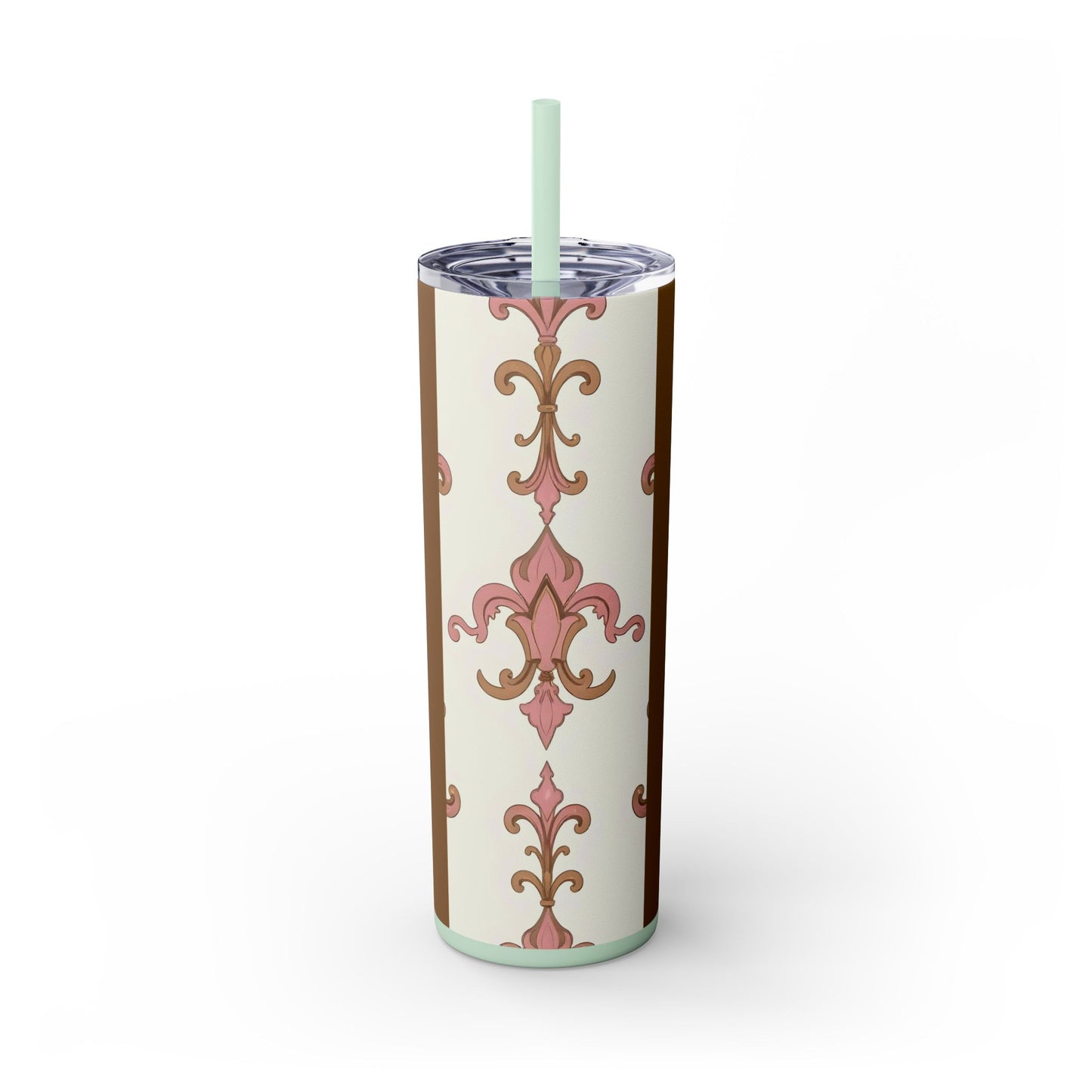 Elegant Floral Skinny Tumbler, 20oz Drinkware, Stylish Travel Mug, Wedding Gift, Personalized Gift, Eco-Friendly Cup - Brown Striped Pink Arabesque