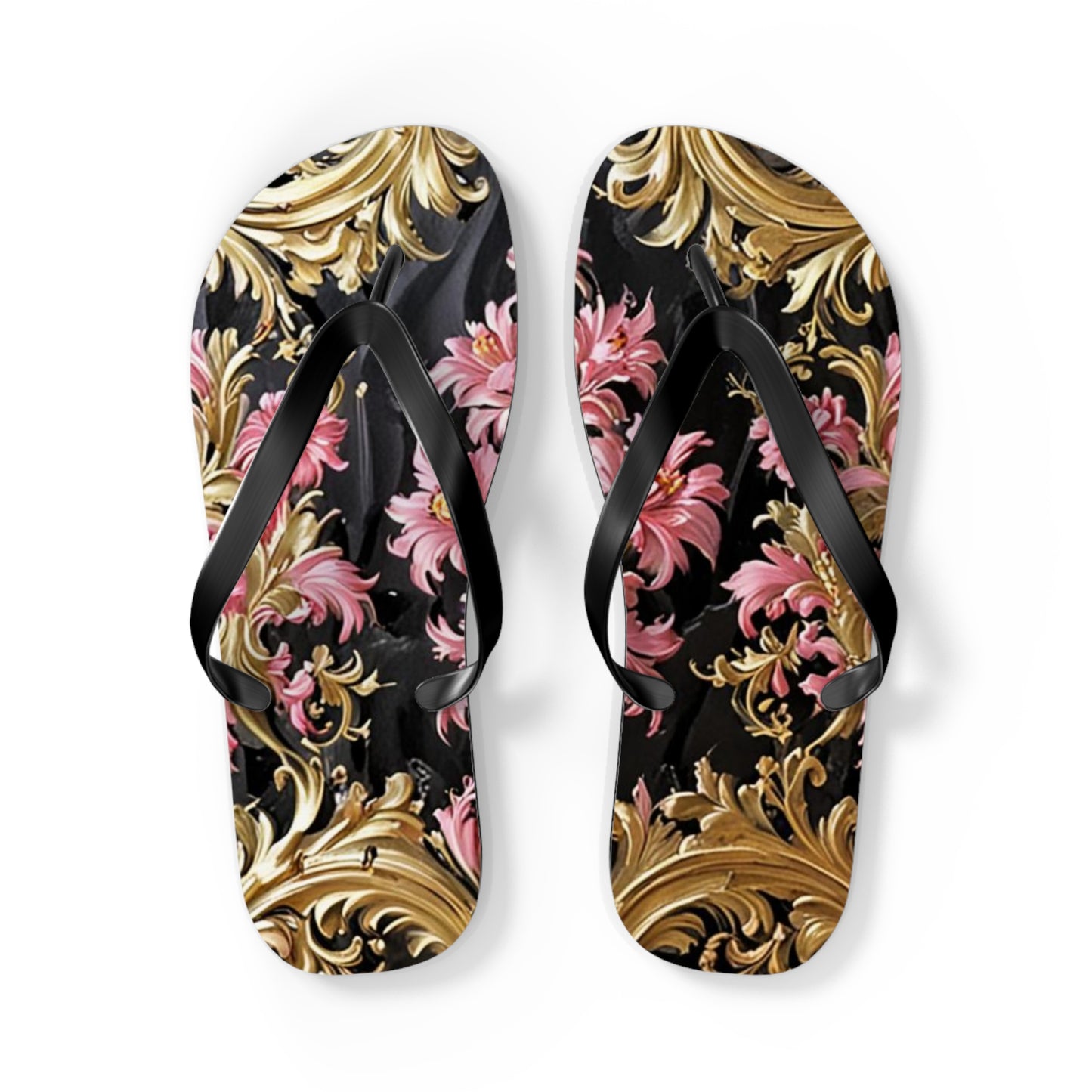 Elegant Floral Flip Flops - Summer Footwear, Beach Sandals, Vacation Accessories, Travel Essentials - Black & Pink Oil Painting Style Rococo