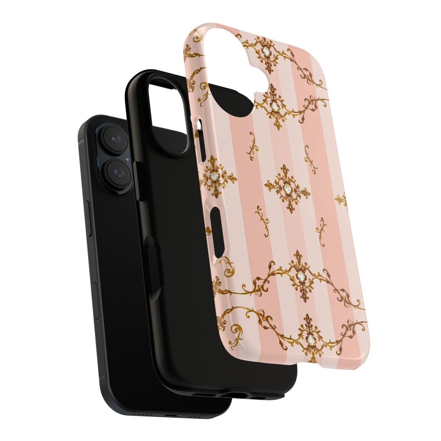Elegant Floral Phone Case, Tough Cases for Women, Trendy Phone Cover, Chic Gift - Pink Jeweled Striped Gold Baroque