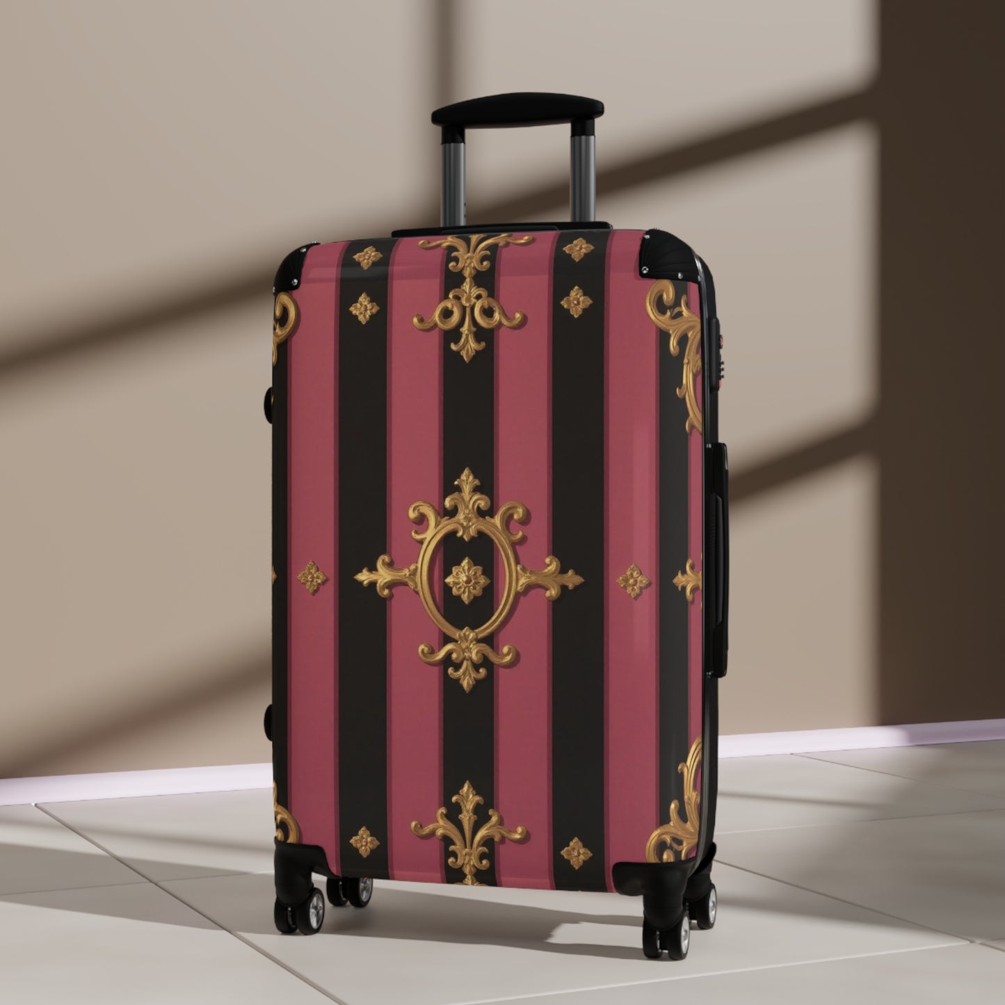 Elegant Black & Mauve Striped Gold Baroque Suitcase, Travel Luggage, Designer Carry-On, Stylish Baggage for Fashion Lovers