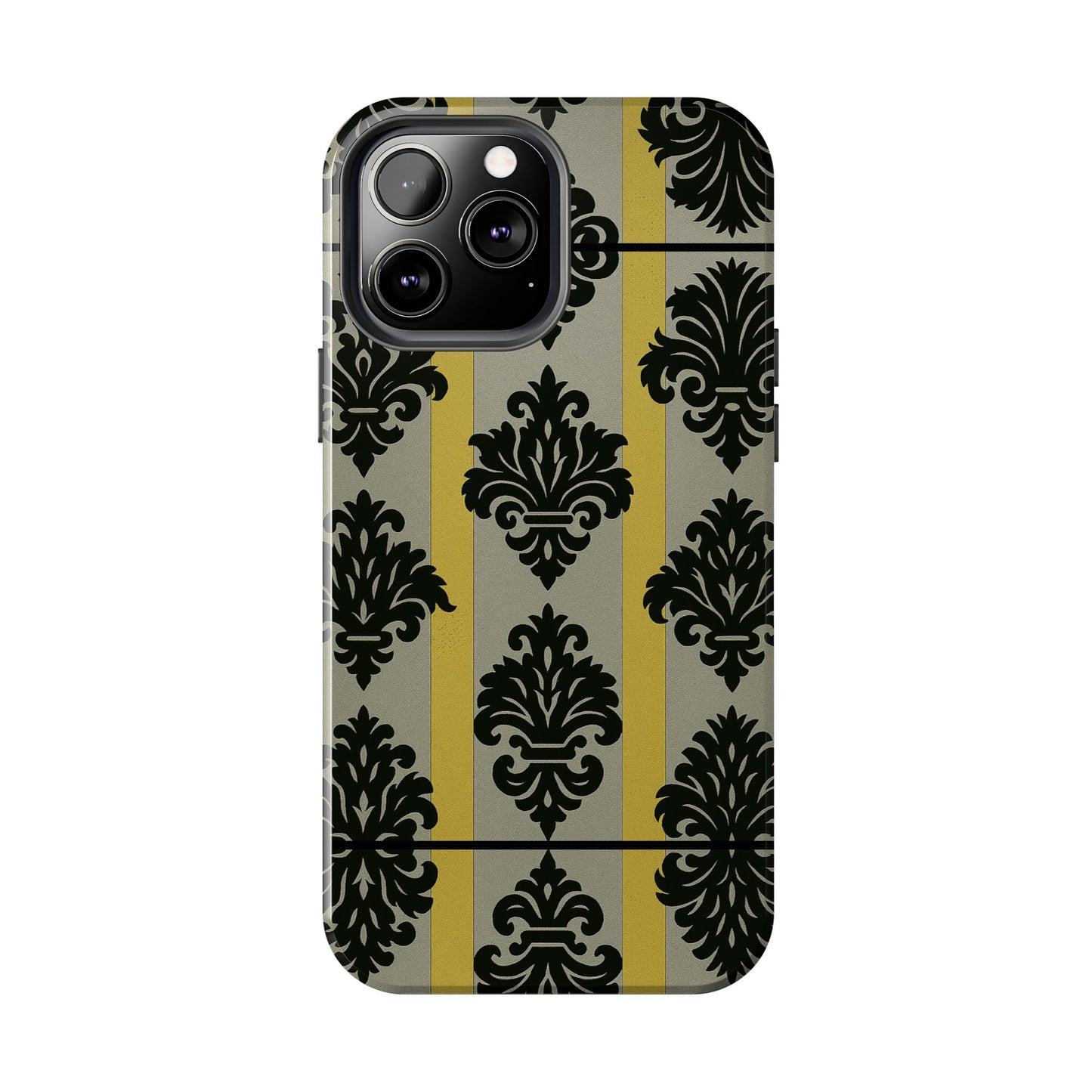 Elegant Baroque Tough Phone Cases | Chic Phone Protection | Gift for Her | Stylish Accessory | Holiday Gift Idea | Silver & Gold Striped Black Baroque