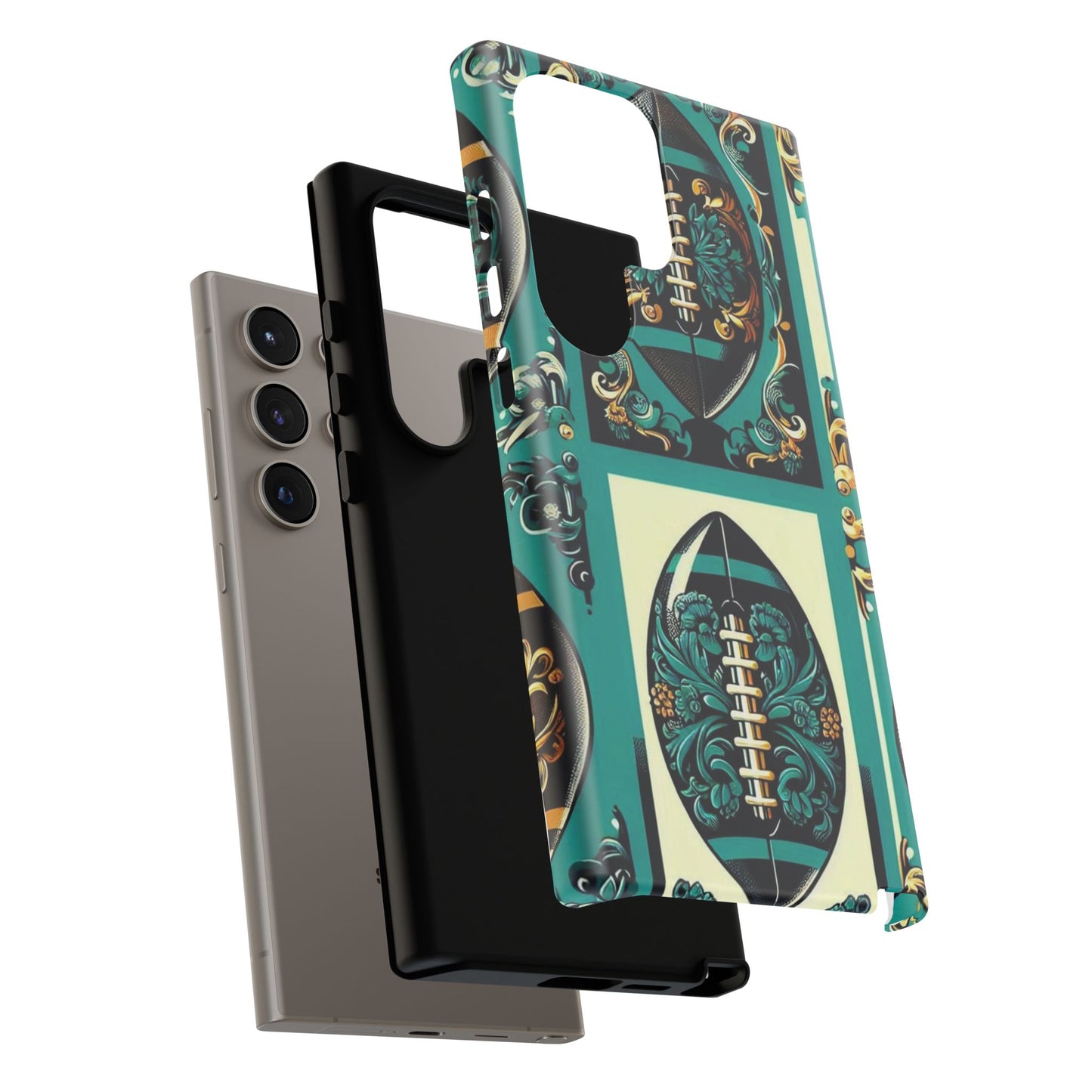 Elegant Floral Motif Phone Case - Tough Cases with Vintage Design -  Damask Teal, Gold & Black Footballs
