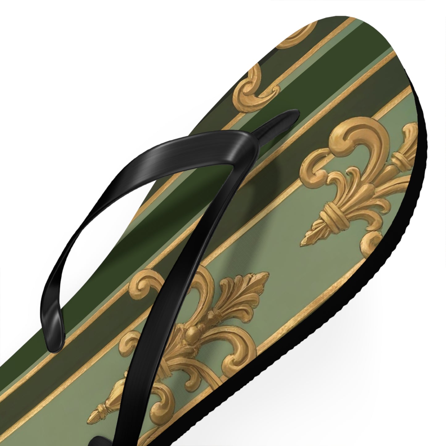 Elegant Vintage Flip Flops for Summer, Casual Sandals, Beachwear, Vacation Footwear, Summer Parties - Green Striped Gold Baroque
