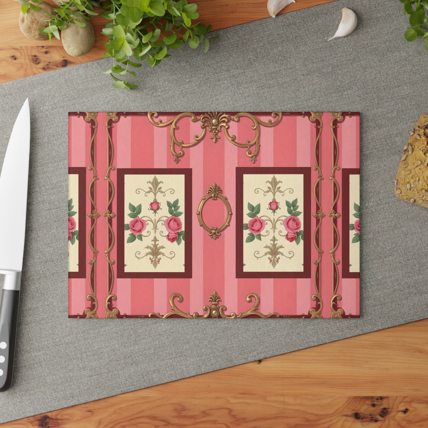 Elegant Floral Glass Cutting Board - Vintage Pink Design for Home Cooking - Pink Striped Baroque & Roses