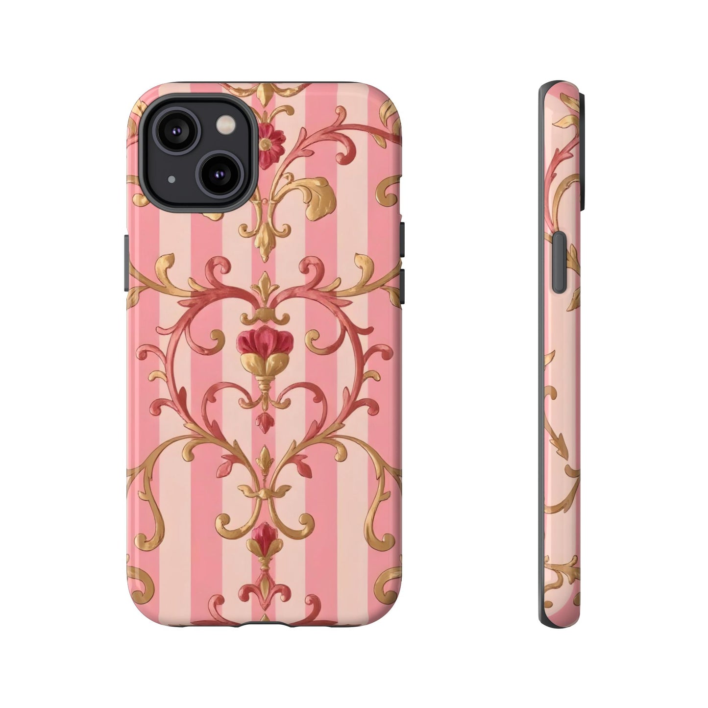 Elegant Floral Motif Phone Case - Tough Cases with Vintage Design - Pink Striped Rose Gold Damask