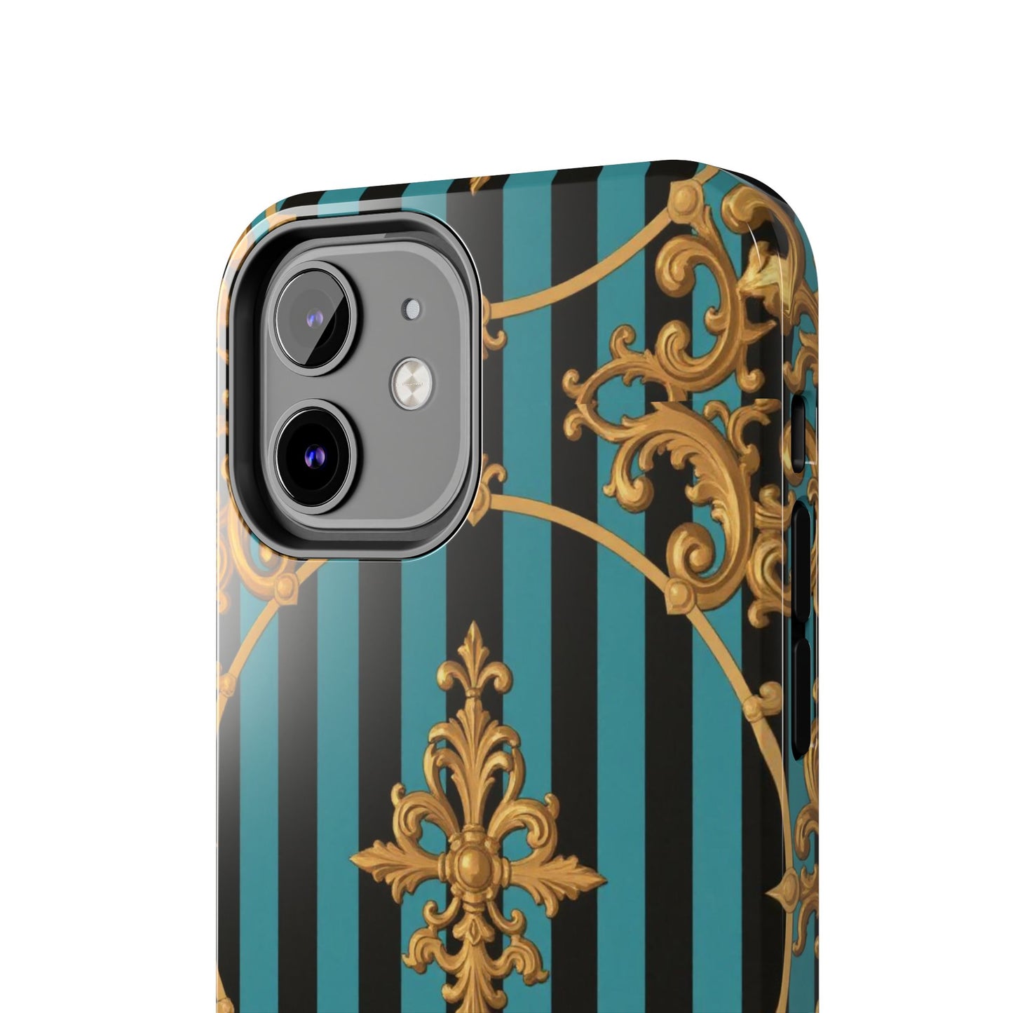 Elegant Turquoise & Black Striped Gold Baroque Phone Case, Tough Phone Cases for Fashion Lovers, Gift for Her, Luxury Accessories