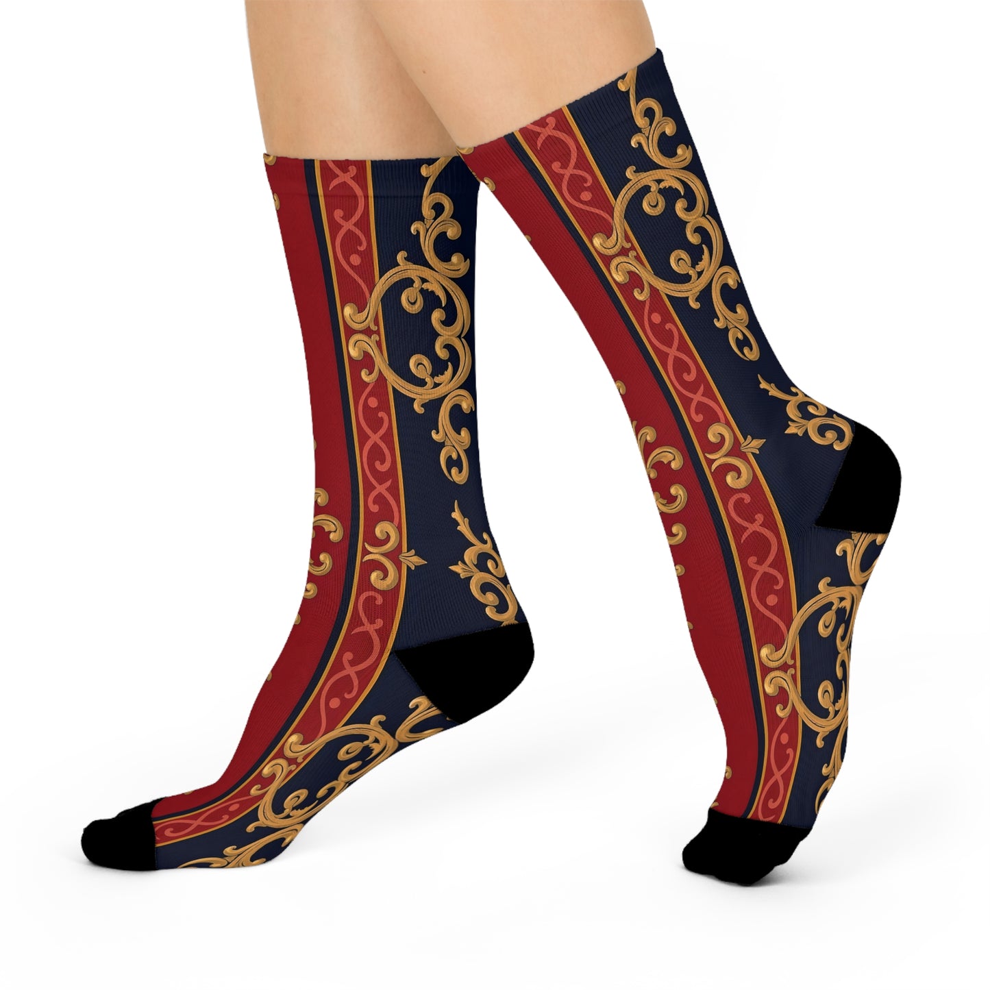 Luxurious Cushioned Crew Socks, Elegant Sock Gift, Fashion Accessories, Stylish, Fall and Winter Essentials - Midnight Blue & Dusk Red Gold Baroque