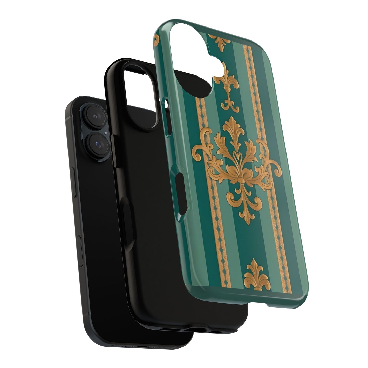Elegant Floral Motif Phone Case - Tough Cases with Vintage Design - Teal Striped Gold Damask