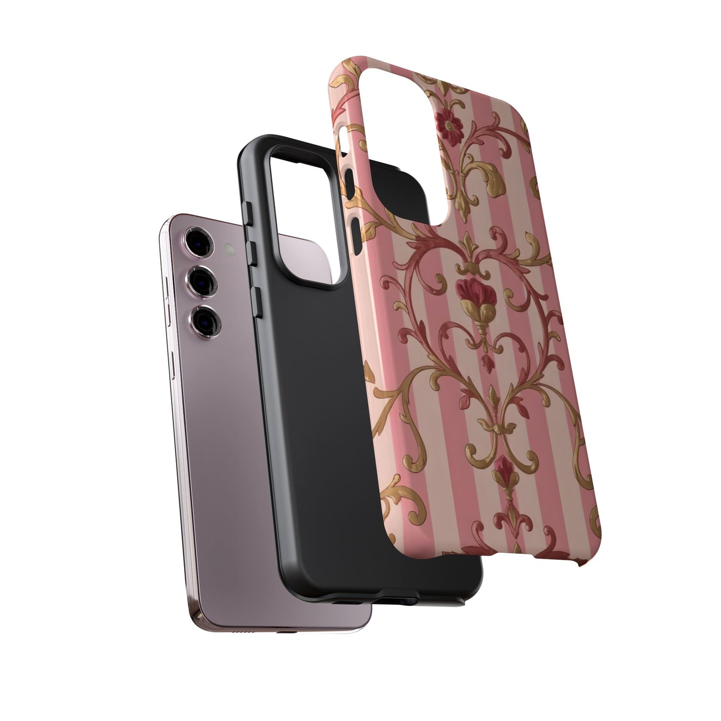 Elegant Floral Motif Phone Case - Tough Cases with Vintage Design - Pink Striped Rose Gold Damask