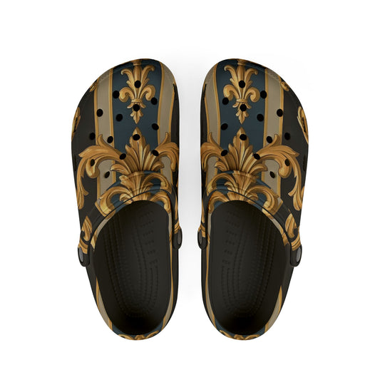 Elegant AOP EVA Foam Rubber Shoes, Stylish Comfort Footwear for Home, Fashionable Clogs - Blue & Black Striped Rococo